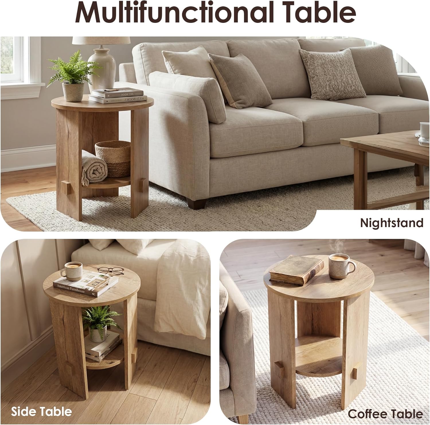 Round End Table with 2-Tier Storage, 15.5” Small Side Table for Living Room, Modern Nightstand with Open Shelf, Compact Accent Table for Bedroom, Sofa Side, Small Spaces (Natural)