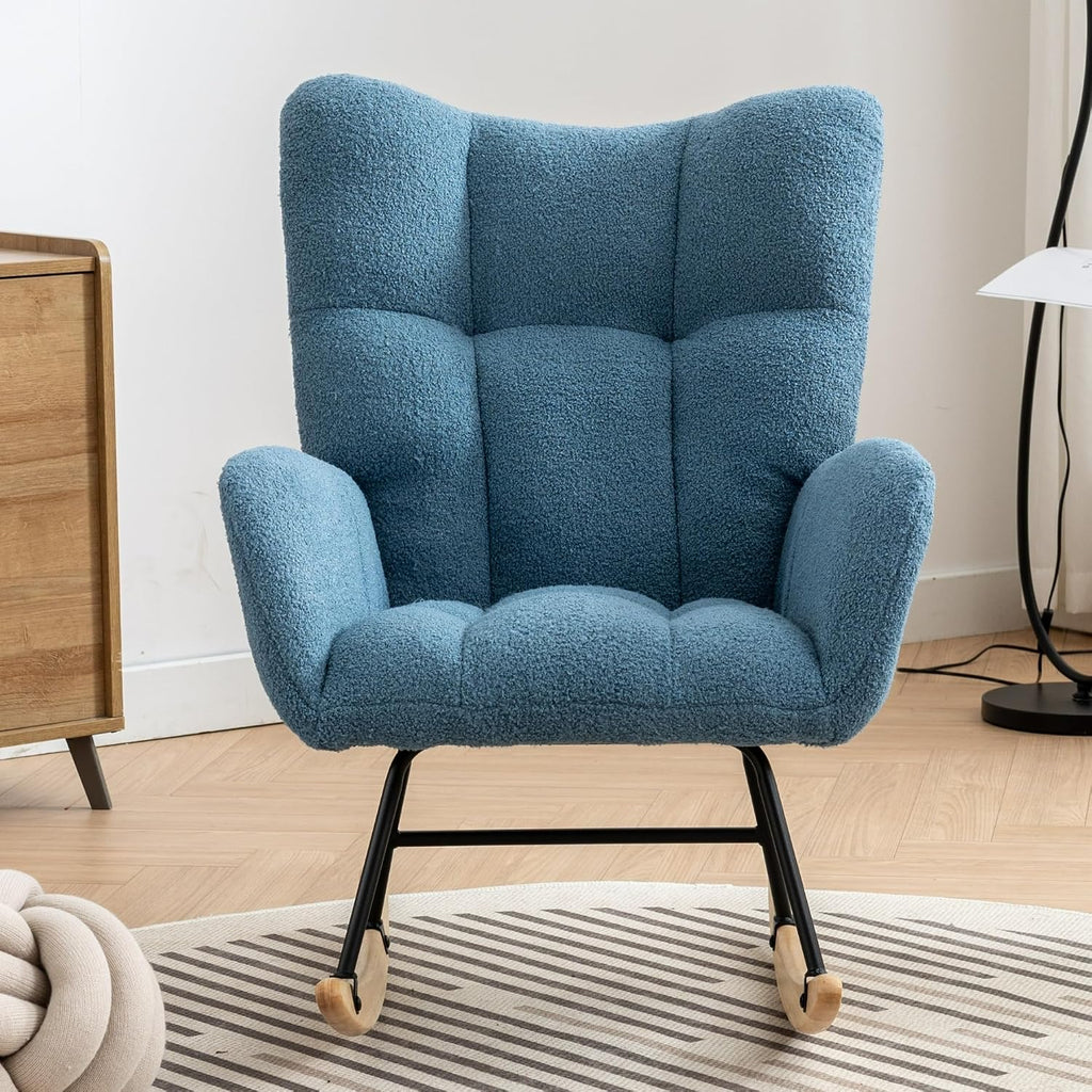 Rocking Chair Nursery, Teddy Upholstered Glider Rocker with High Backrest, Reading Chair Modern Rocking Accent Chairs Glider Recliner for Living Room, Nursery, Bedroom,Blue, W1372120796