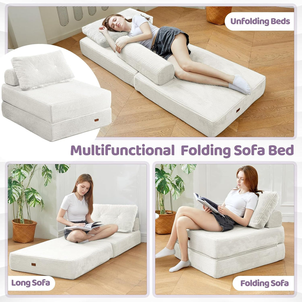 Folding Sofa Bed Chair, Sleeper Chair for Adults with High-Density Foam and Pillow,Portable 3 in 1Folding Chair Bed for Living Room、Apartment 、Hotel,Single, Creamy Apricot