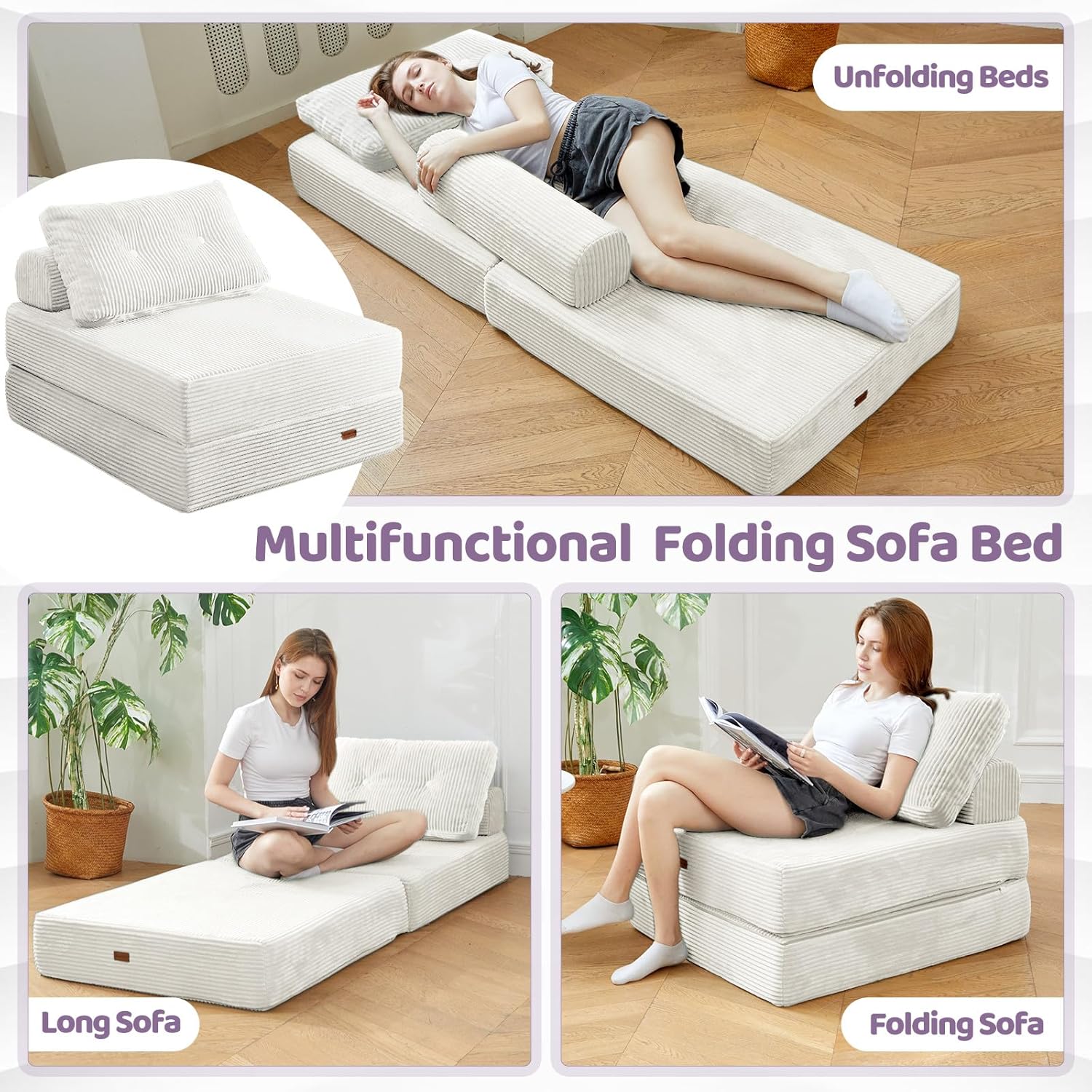 Folding Sofa Bed Chair, Sleeper Chair for Adults with High-Density Foam and Pillow,Portable 3 in 1Folding Chair Bed for Living Room、Apartment 、Hotel,Single, Creamy Apricot