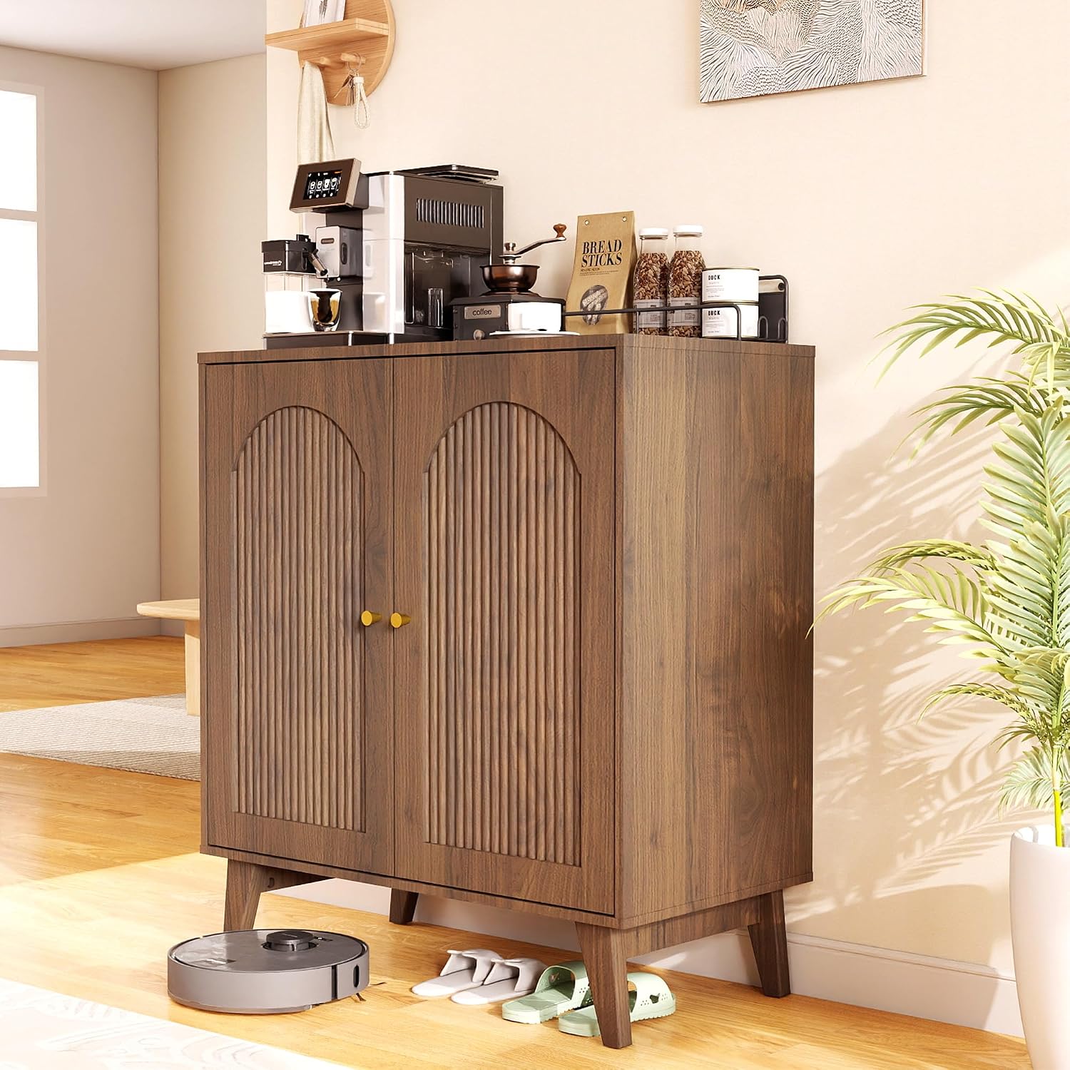 Sideboard Buffet Cabinet with Storage, Modern Accent Cabinet with Adjustable Shelf & Solid Wood Legs, Farmhouse Coffee Bar Cabinet for Living Room, Kitchen, Entryway, Walnut*2 pc