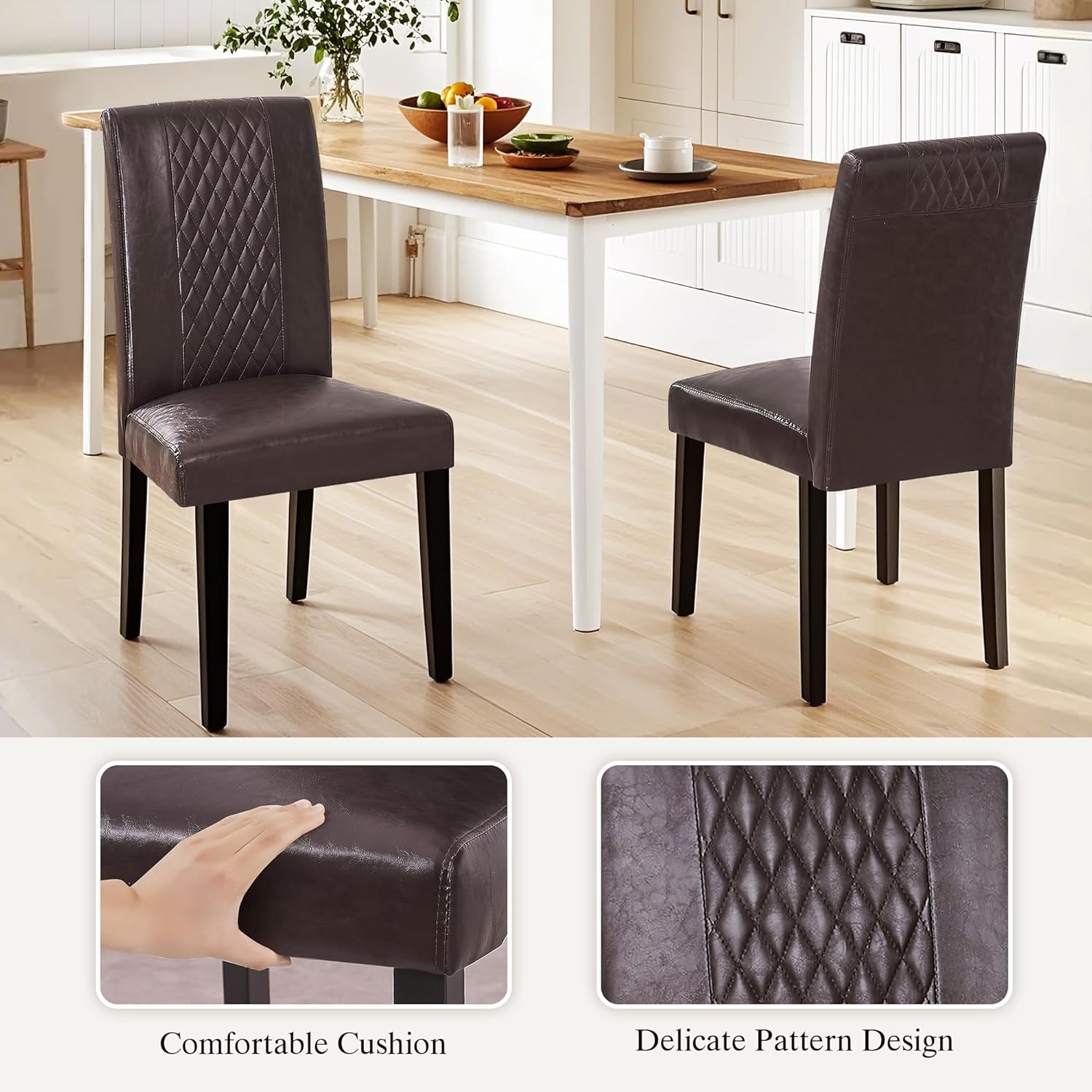 VECELO Dining Chairs Set of 2, Upholstered PU Leather Wood Legs High Back for Kitchen Living Room, Coffee