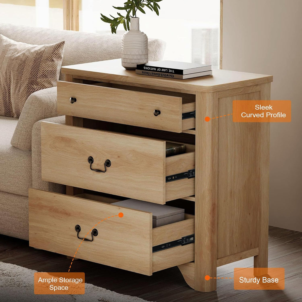 WAMPAT Farmhouse Nightstand with 3 Drawers, 31.5 Inch Wood Bedside Table Nightstand with Vintage Handles, Wide Sofa Side End Table Chest of Dresser for Living Room, Bedroom, Oak