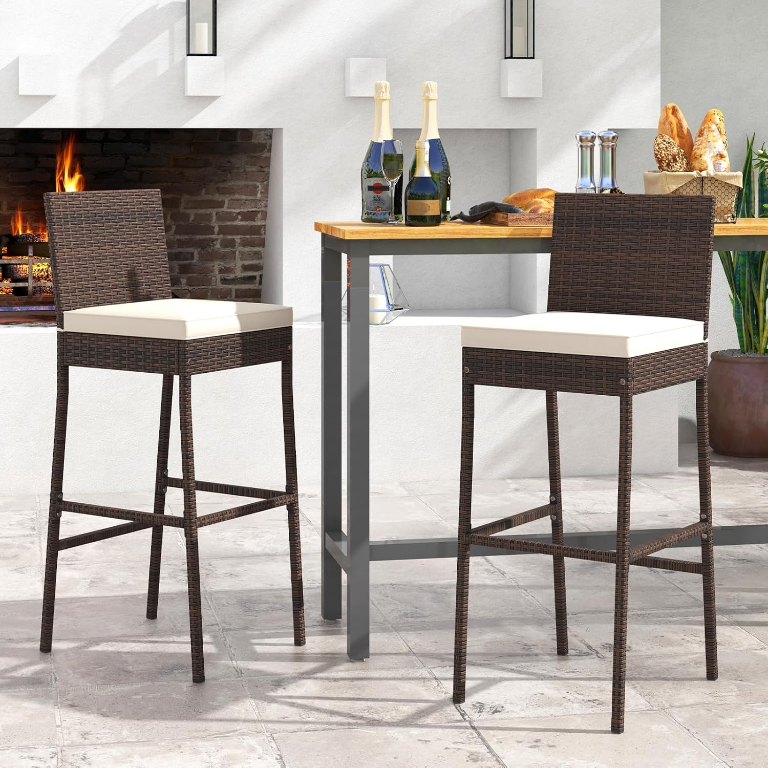 Outdoor Wicker Barstools, Patio Rattan Barstool Set of 4 with Cushion, Footrest & Heavy-Duty Metal Frame, Outdoor Bar Height Chair for Backyard & Balcony