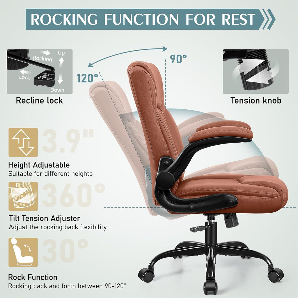 Leather Office Chair for Short People, Small PU Computer Desk Chair with Ergonomic Backrest, Adjustable Armrests, 360° Swivel Rolling Task Chair for Home Office and Gaming