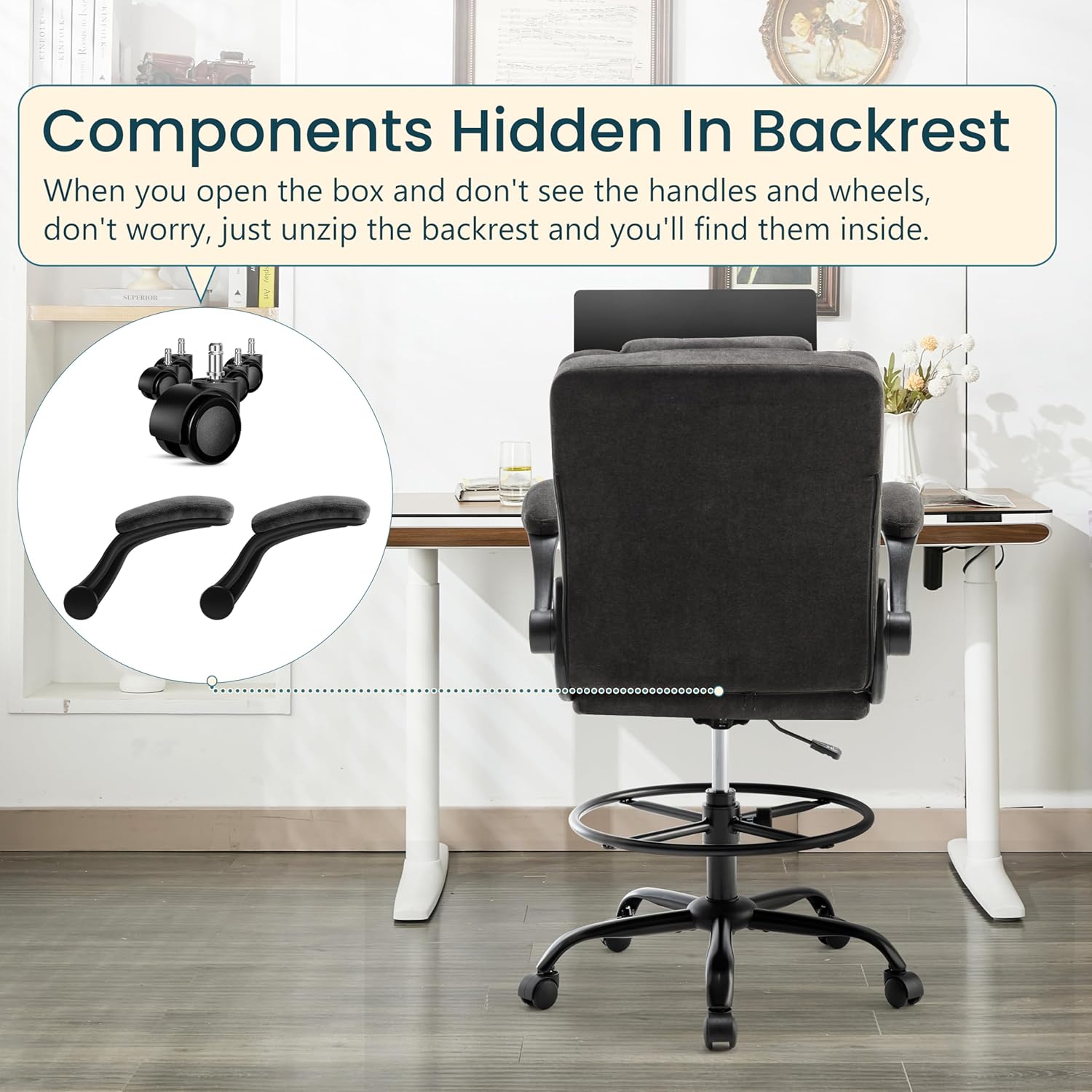 Drafting Chair 500Lbs, Tall Office Chair for Standing Desk, Fabric Executive Office Chair with Flip-up Armrests, Ergonomic High Chair with Adjustable Foot Ring, Comfy Stool Chairs, Black