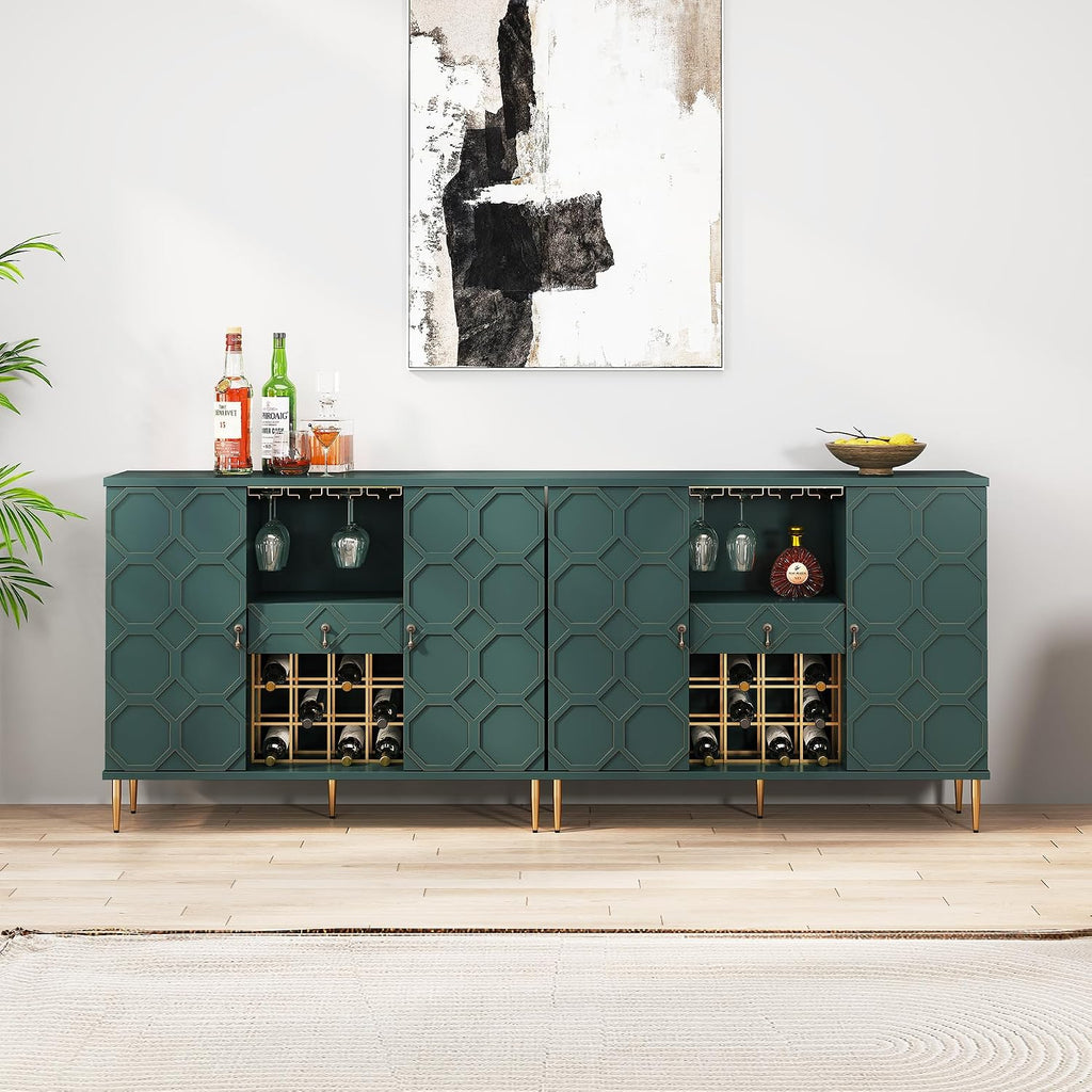 Modern Bar Cabinet with Drawer, Liquor Cabinet with Wine Glass Racks and Shelves, Geometric Door Buffet Sideboard for Dining Room, Living Room, Kitchen, Green