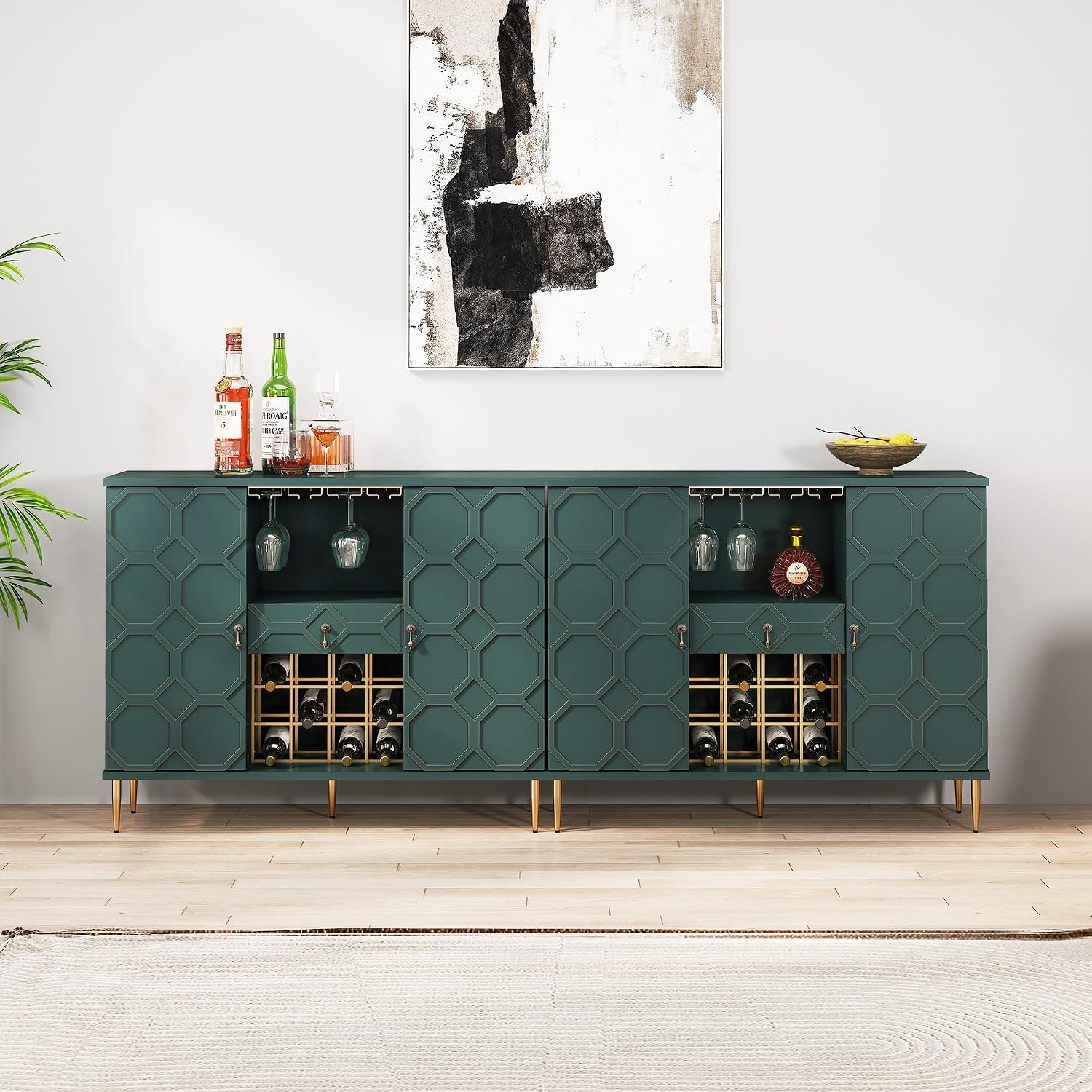 Modern Bar Cabinet with Drawer, Liquor Cabinet with Wine Glass Racks and Shelves, Geometric Door Buffet Sideboard for Dining Room, Living Room, Kitchen, Green
