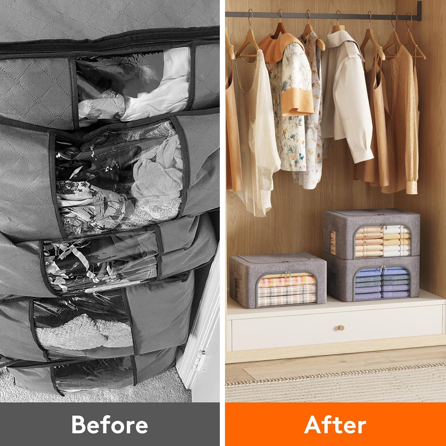 Lifewit Clothes Storage Bins with Metal Frame, Stackable Storage Box, Foldable Clothing Storage Bins with Lids, 40L Storage Bags Fabric Box Organizer with Clear Window＆ Zippers＆ Sturdy Handles 8 Pack