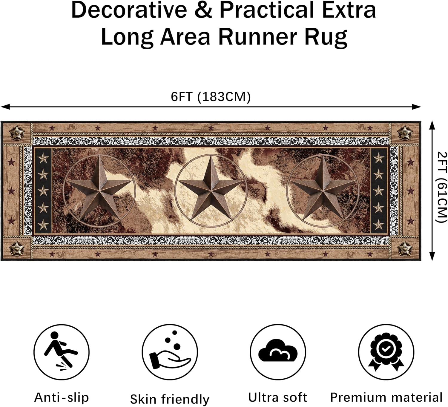 Western Runner Rug 2x6 for Hallway Brown Texas Star Rustic Home Decor Soft Throw Carpet Non Slip Entryway Mat Washable Area Rug for Laundry Bedroom Bathroom (Deep Brown, 2' x 6')