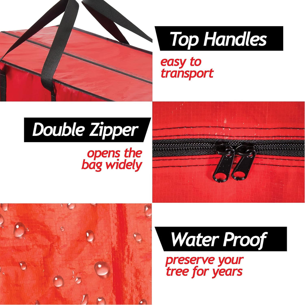 Sagler 9 ft Christmas Tree Storage Bag - Waterproof, Heavy-Duty, Large Christmas Tree Bag - Reinforced Handles, Dual Zipper, Label & Side Pocket - Protection From Dust, Water - Red, 50x15x20"