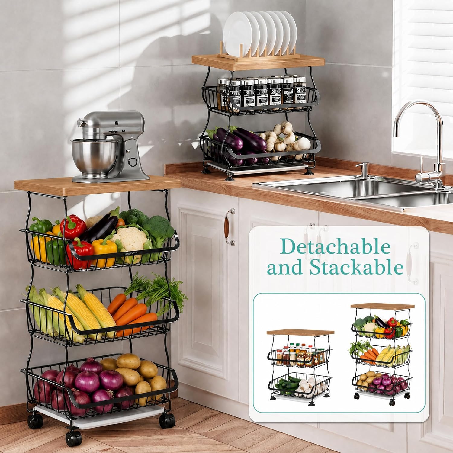 VECELO 4-Tier Fruit Basket with Wheels, Fruit and Vegetable Storage Cart for Kithchen, Stackable Produce Organizer Wire Baskets for Kitchen, Pantry, Living Room