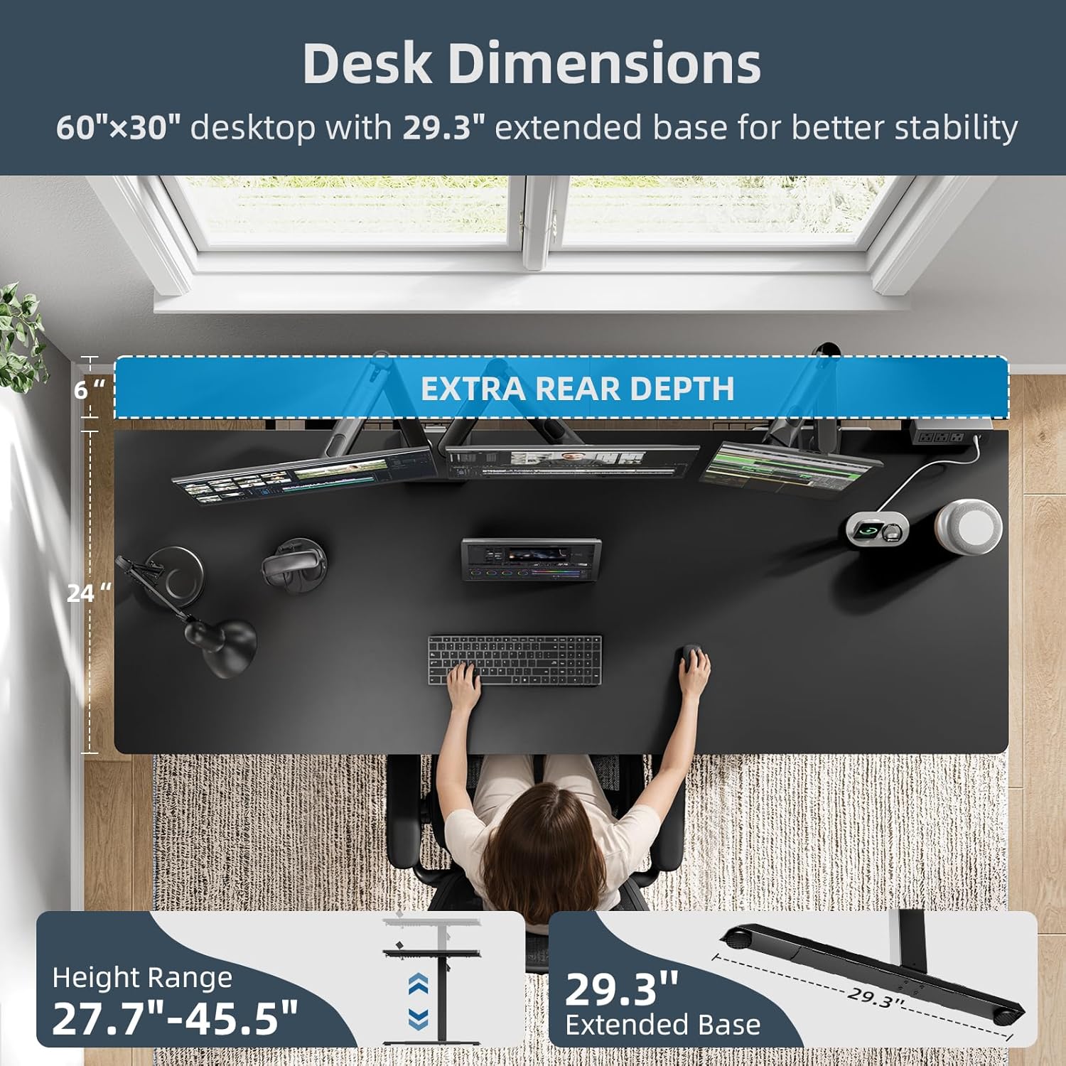 Electric Standing Desk Adjustable - 60 x 30 Inch Sit Stand Desk with Flip-Top Cable Management,Mouse Pad,Clamp Power Strip,Dual-Beam Frame,3 Memory Preset Height Adjustable for Home Office