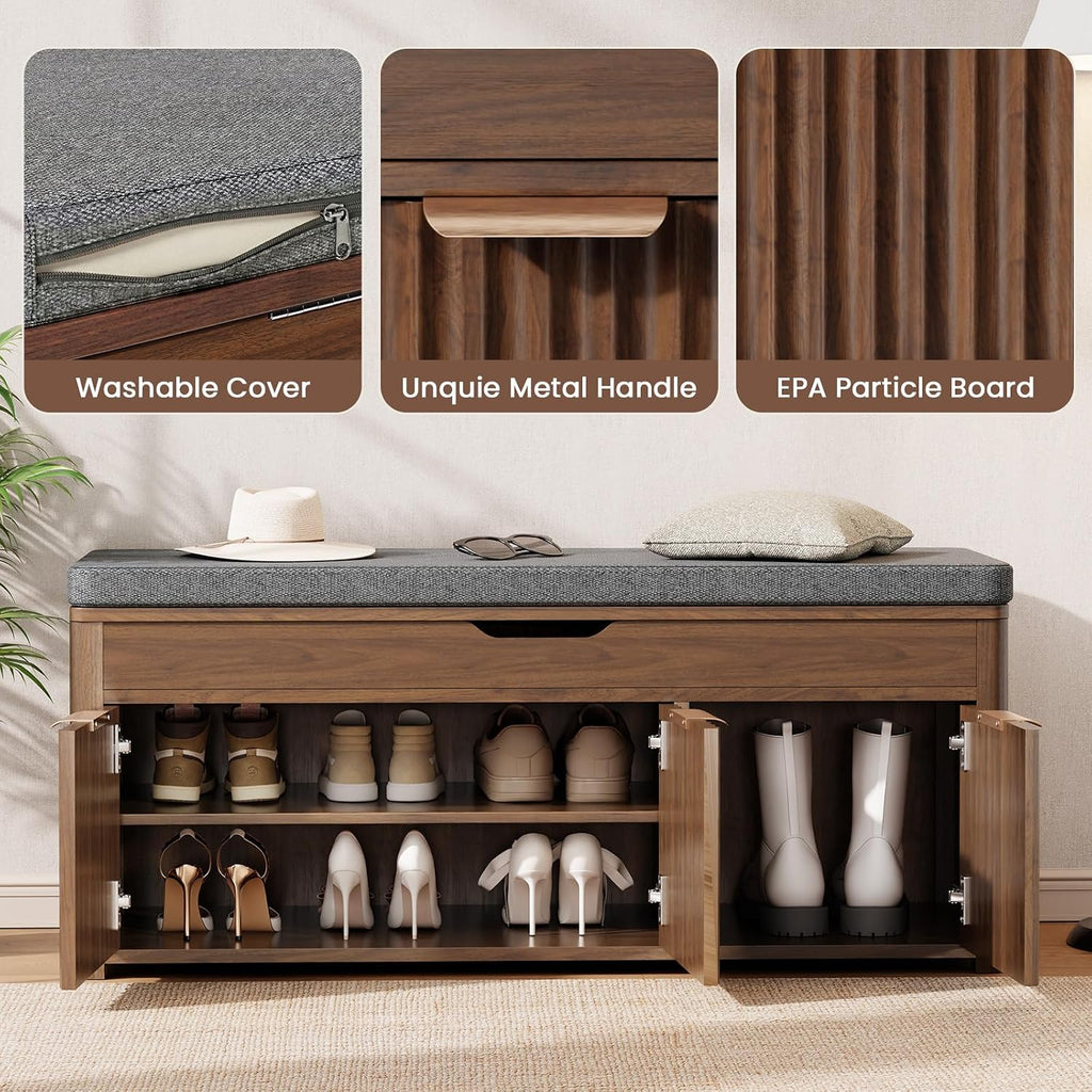 Shoe Bench with Storage, Lift Top Entryway Bench with Hidden Storage, 2-Tier Adjustable Shoe Rack and Cushioned Seat, Wooden End of Bed Bench for Bedroom, Living Room, Hallway, Walnut