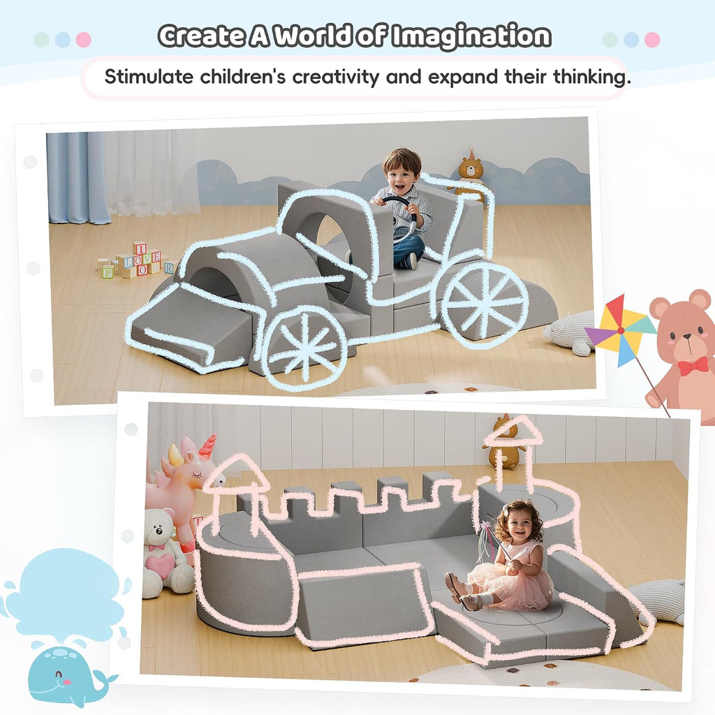 68 Inch Extra Large Modular Kids Play Couch, Toddler Foam Couch, 16Pcs Fort Pillows for Kids, Playroom Decor for Boys and Girls, Grey-Castle Wall
