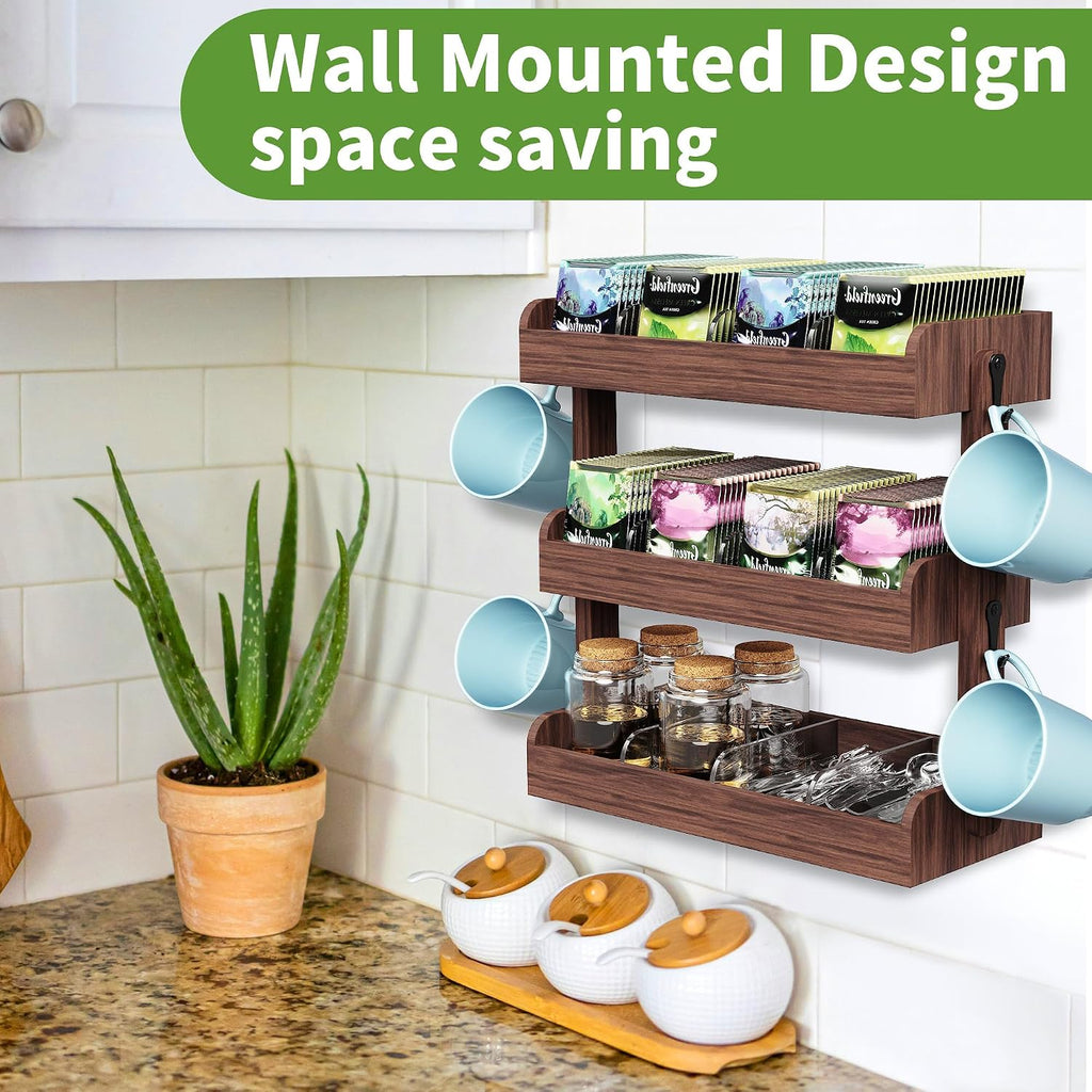3 Tier Tea Bag Organizer Wall Mounted, Wooden Tea Box Organizer for Cabinet | Tea Bag Holder with Partitions and 4 Hooks, Tea Rack for Office, Kitchen, Cabinet, Pantry, Tea Organizers and Storage