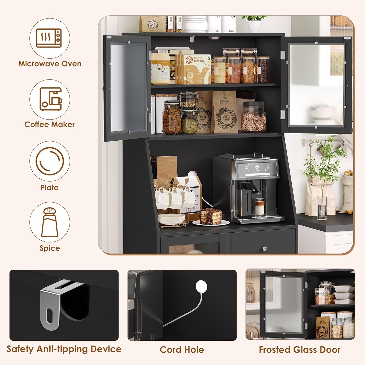 BOTLOG 64'' Kitchen Pantry Storage Cabinet, Tall Kitchen Storage Cabinet with Microwave Stand, Hutch Cabinet with Adjustable Shelves, for Dining Room, Black