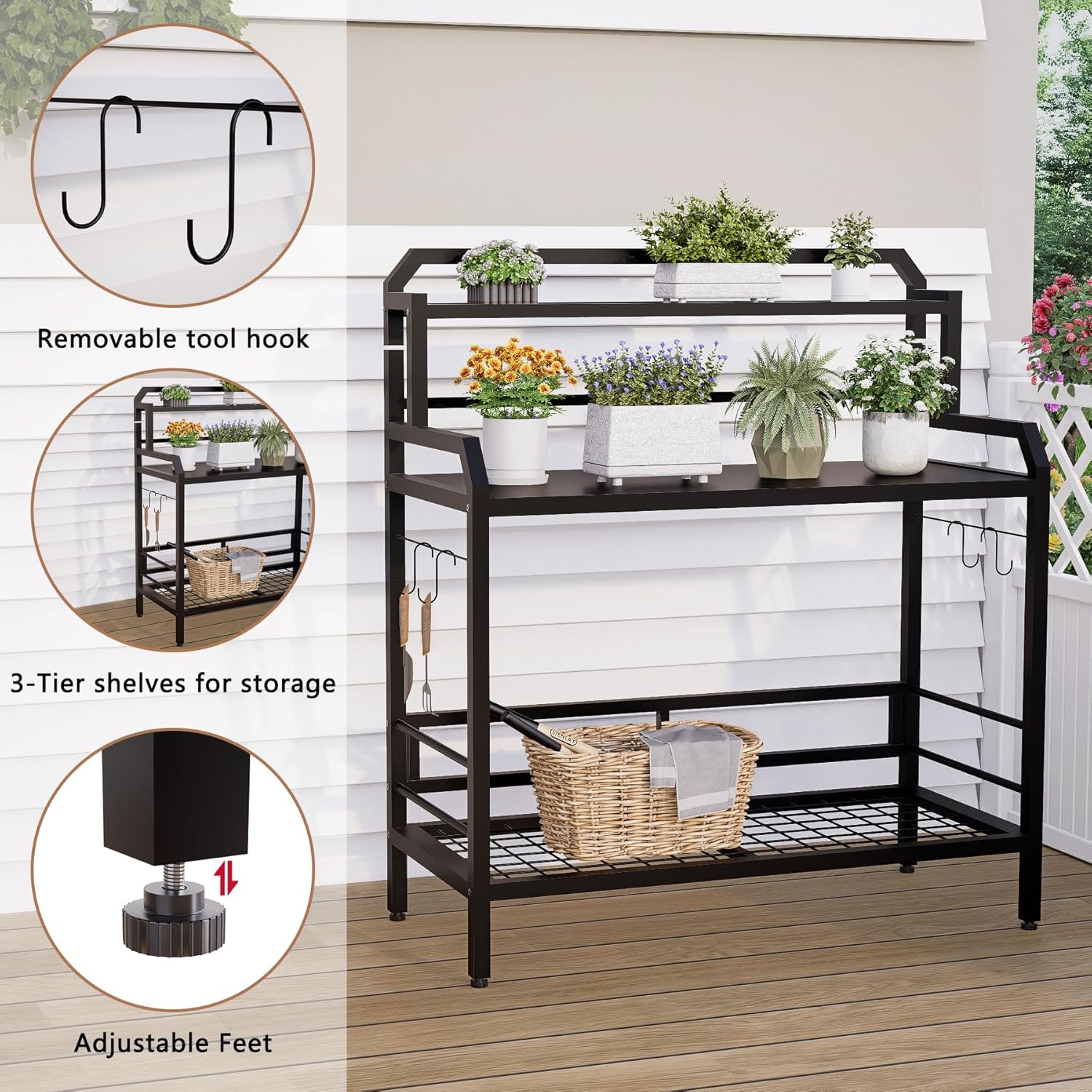 Outdoor Metal Potting Bench Table with Storage,3-Tier Heavy Duty Garden Workbench,All-Weather Gardening Table with 4 Side Hooks,18" D x 39" W x 32" - 47" H,Black