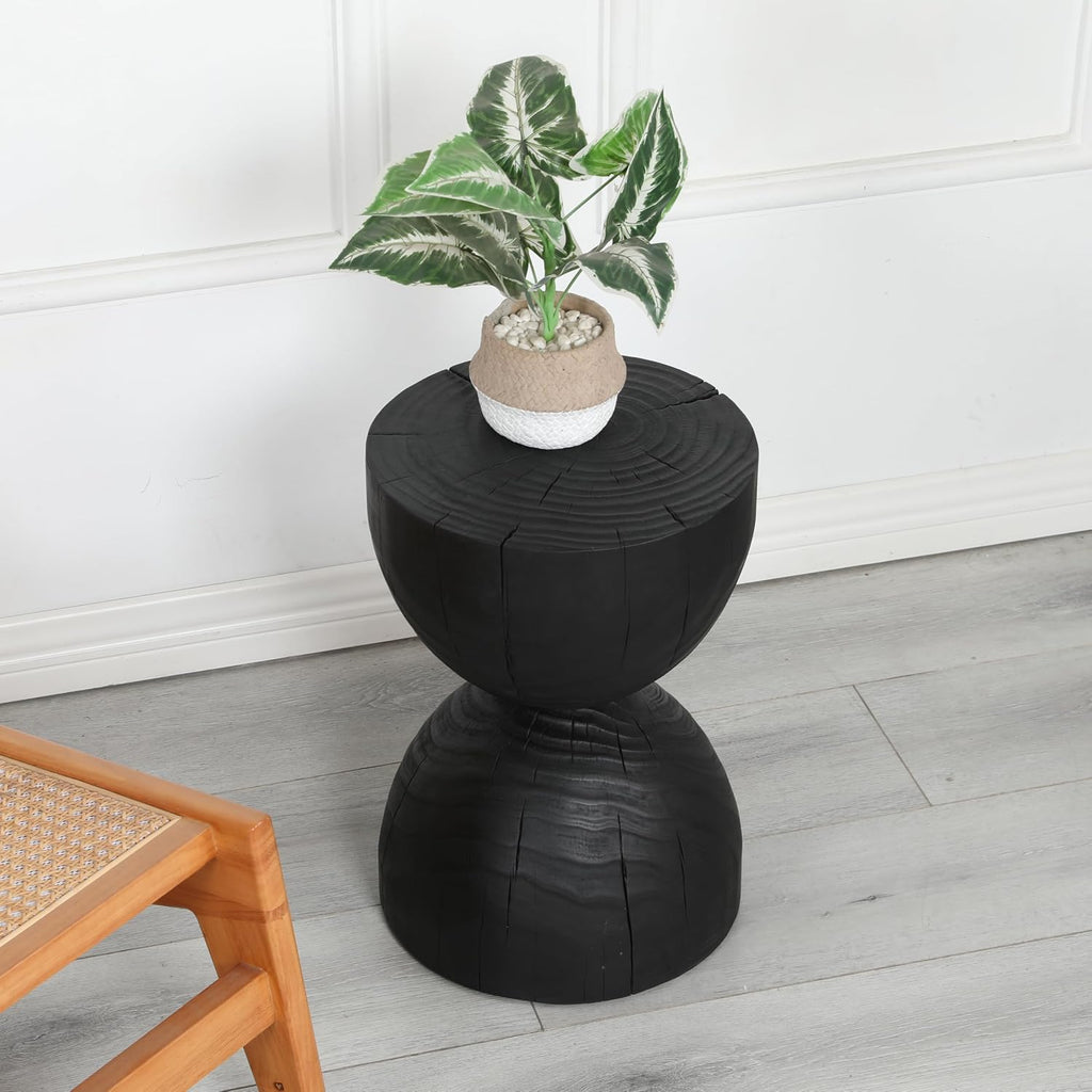 12.2 * 18.11" Solid Mango Wood Round Side Table,Contemporary Wooden Accent Table,Small Circle Plant Stand,Burnt Vintage Cracked End Table for Living Room,Bedroom,Black