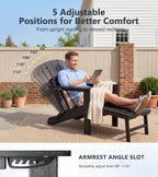PASAMIC Folding Adirondack Chairs Set of 2 with Retractable Ottoman, 5-Position Adjustable Backrest, HDPE All-Weather Fire Pit Chairs with 2 Hidden Cup Holders, Wood-Look Outdoor Chairs, Black