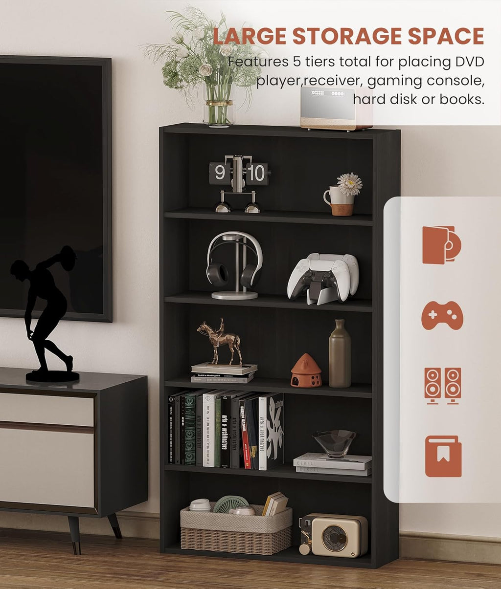 DVD Storage Cabinet Shelf, 5 Tier Media Storage Tower for CDs & Video Games, Freestanding Organizer Shelf for Living Room Home Office, Holds 200+ DVDs(Black)