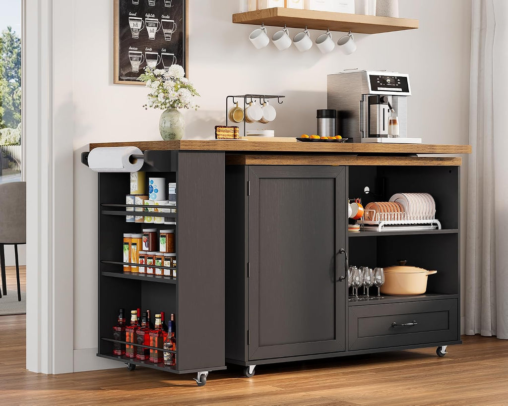 RALGEND Rolling Kitchen Island with 360° Swivel Tabletop, Large Kitchen Island Table with Power Outlet, Mobile Kitchen Island Cart with Storage Cabinets for Kitchen & Office, Black and Rustic Brown