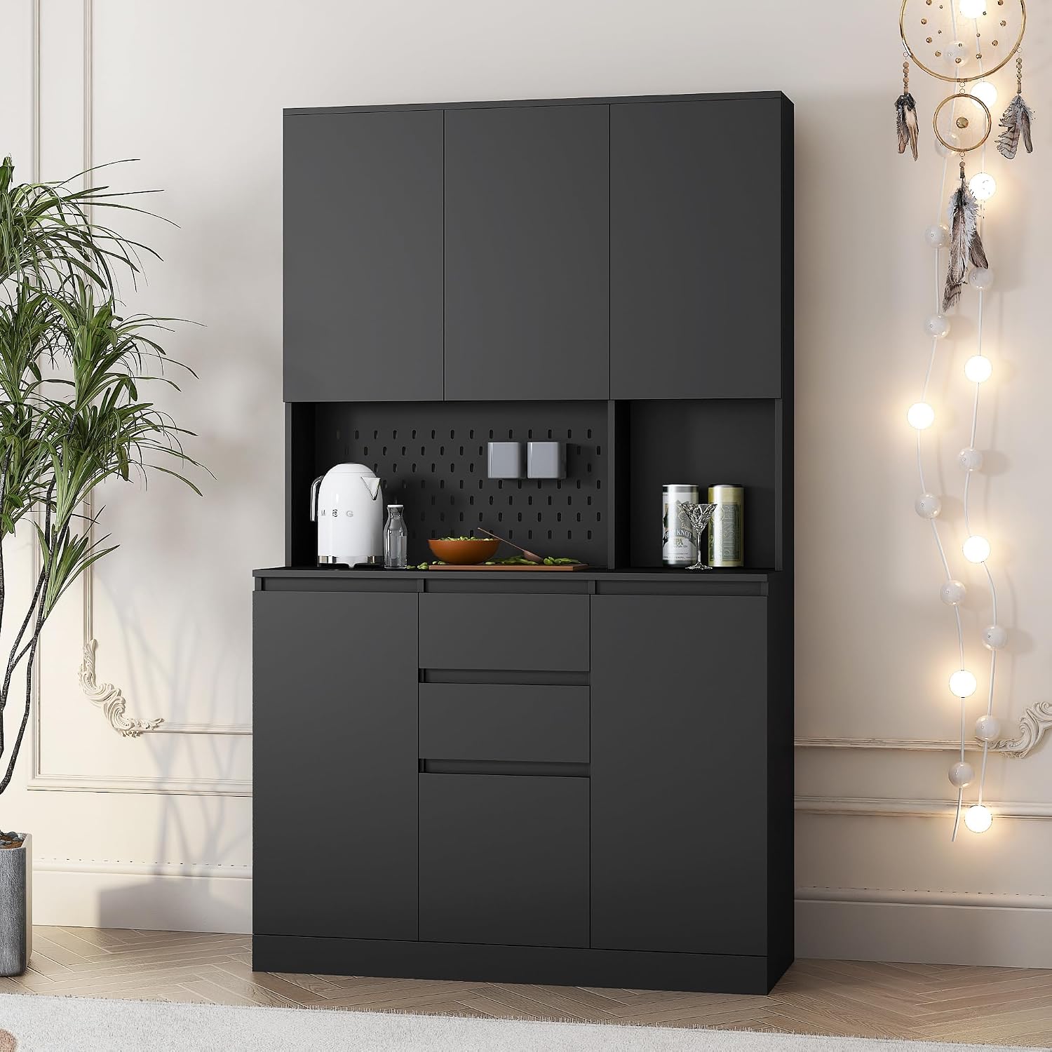 roomfitters 74" Kitchen Pantry Cabinet with Charging Station & USB Ports, Large Food Storage Cupboard, Microwave Stand, Black