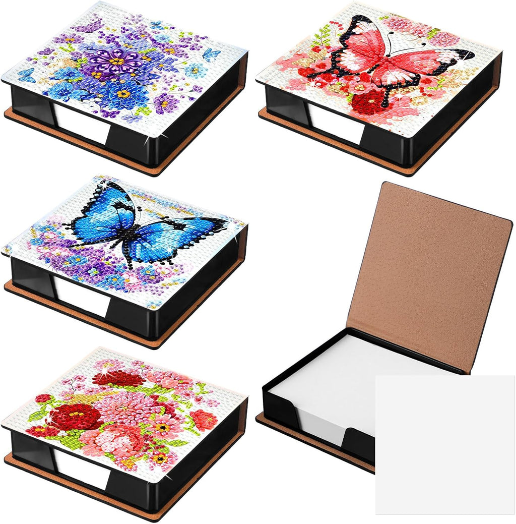 Saillong 4 Pcs Butterfly Diamond Painting Note Box Kit Flower Sticky Note Holders DIY Diamonds Art Storage Box with 160 Sticky Notes Painting Memo Pad for Office Supplies Desk Gifts