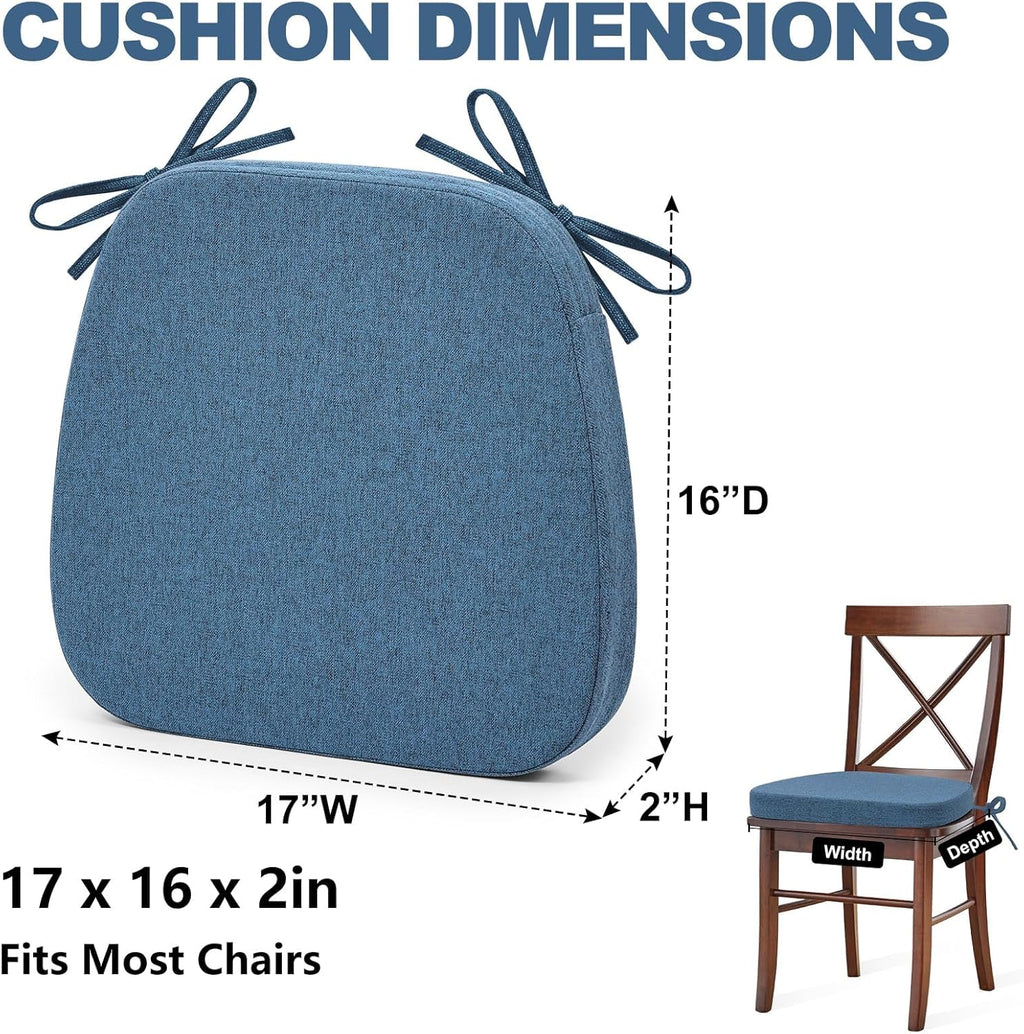 Shinnwa Chair Pads for Dining Chairs Set of 4, Non-Slip Kitchen Chair Cushions with Detachable Straps and Machine Washable Cover, 4 Pack, 17x16x2in, Blue