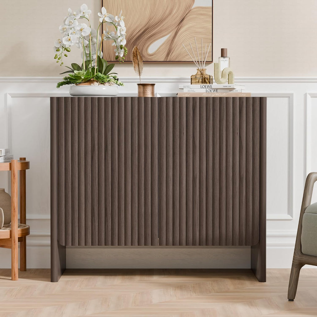 Fluted Sideboard Buffet Cabinet with Storage, 2-Door Wood Entryway Table with Curved Legs & Adjustable Shelves, Coffee Bar Cabinets for Living Room, Kitchen & Bedroom (Dark Walnut)