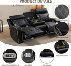 Power Recliner Sofa Set, Breathing Leather Reclining Couch Set, 3 Piece Living Room Furniture Set with LED Lights/Charging Ports/Storage for Home/Office (Black New, Sofa+Loveseat+Chair)