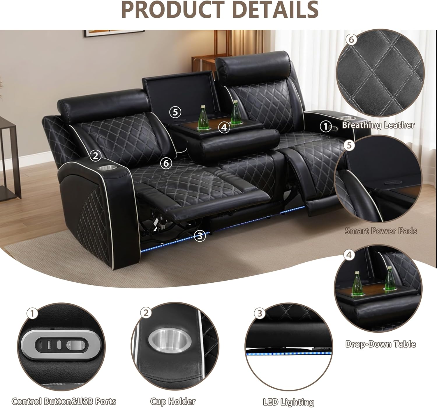 Power Recliner Sofa Set, Breathing Leather Reclining Couch Set, 3 Piece Living Room Furniture Set with LED Lights/Charging Ports/Storage for Home/Office (Black New, Sofa+Loveseat+Chair)