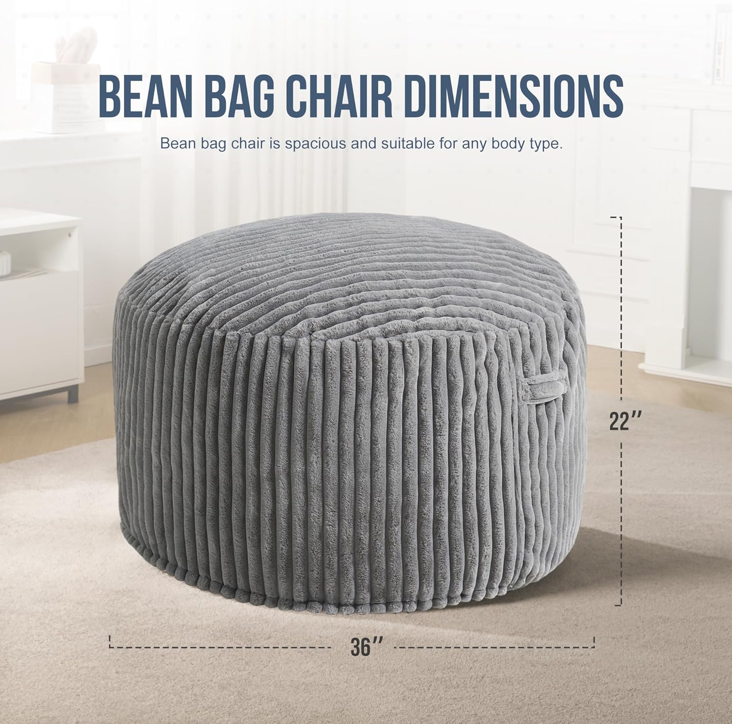 Hobestluk 3ft Bean Bag Chairs for Adults Large Beanbag Chair with Stripe Plush Cover Big Bean Bag Chair for Living Room Bedroom Dorm Office - Grey (36” x 36” x 22”)