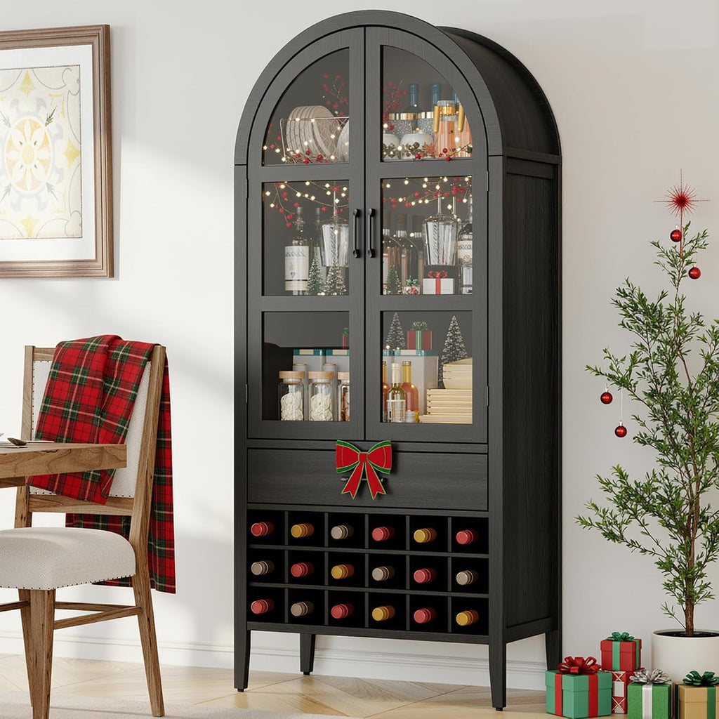ONBRILL 71" Tall Arched Wine Bar Cabinet with Storage, Bar Cabinets with Doors and Shelves, Liquor Cabinet for Home, Kitchen Pantry for Dining Living Room (Black)