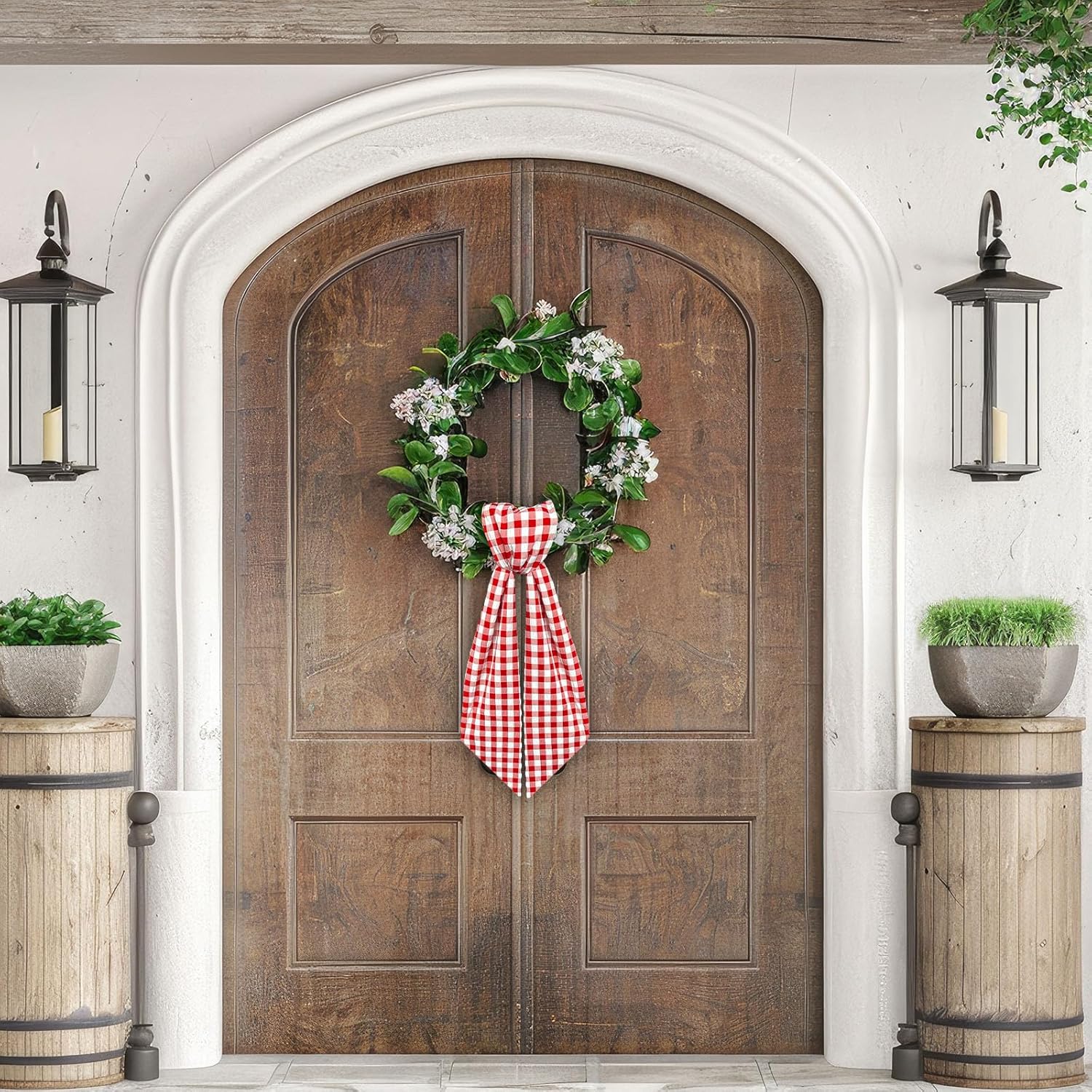 Wreath Sash for Front Door Red White Buffalo Plaid Seersucker Wreath Satin Sash Burlap Garland Ribbon Accessories for Wreath Yard Doorway Indoor Outdoor Bow Bridal Shower Home Decor,5.1 x 54.3