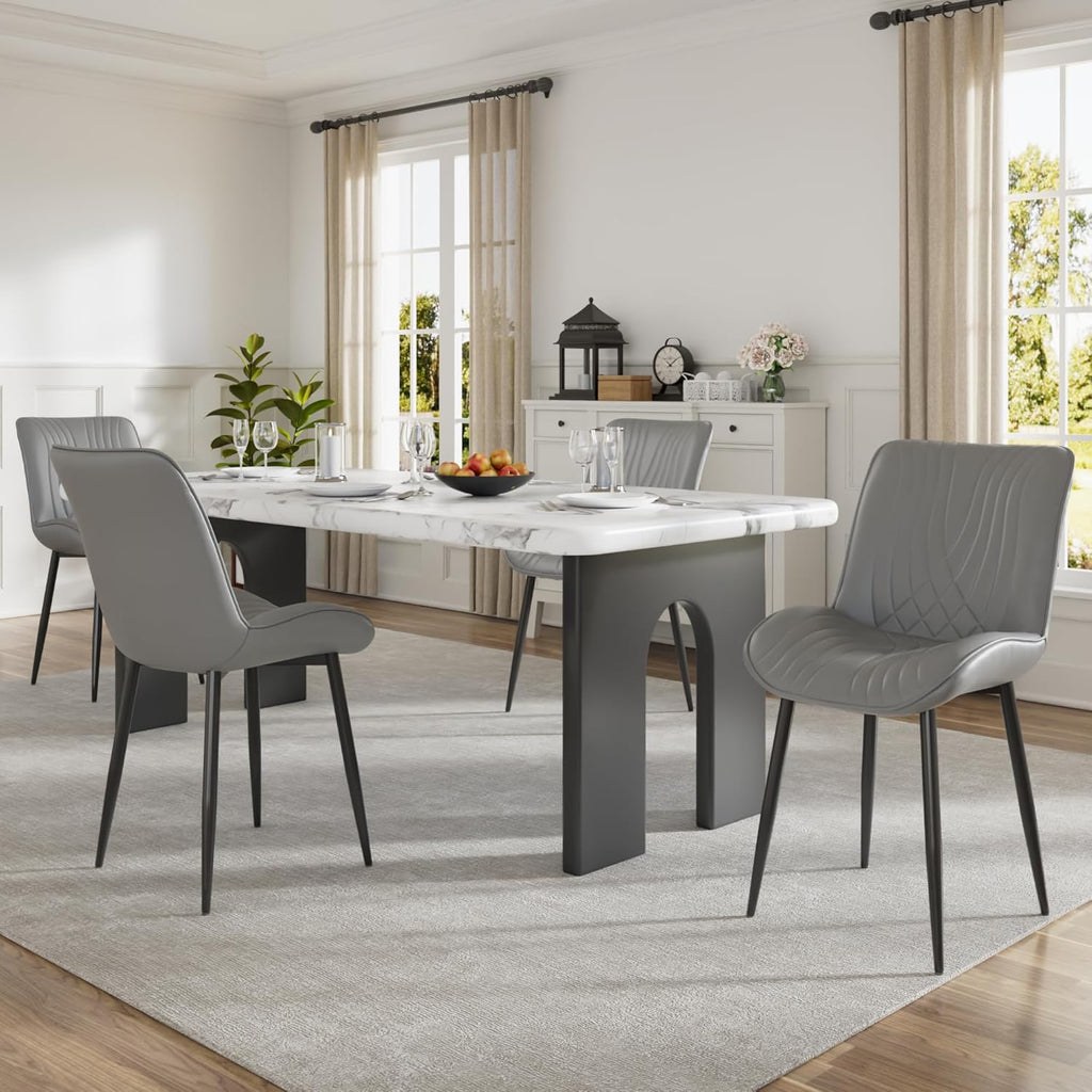 VECELO Dining Chairs Set of 4, Modern Upholstered Faux Leather Cushion Seat and Metal Legs for Kitchen, Living Room, Grey