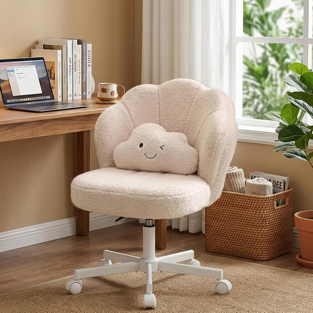 COMHOMA Petal Vanity Chair with Wheels, Cute Desk Chair for Girls Women, Upholstered Home Office Chair with Backrest, Height Adjustable Armless Swivel Chair for Bedroom, Teddy Fleece, Beige