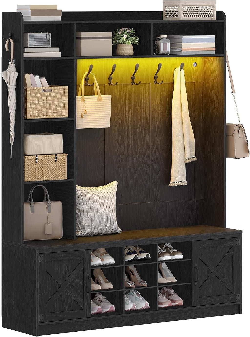 Hzuaneri 59.8" Hall Tree, LED Farmhouse Entryway Storage and Coat Rack Wood, Entryway Furniture with 7 Hooks, Hall Tree with Bench and Storage, 6 Storages Partitions Shoe Bench, Black HT24804X