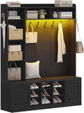Hzuaneri 59.8" Hall Tree, LED Farmhouse Entryway Storage and Coat Rack Wood, Entryway Furniture with 7 Hooks, Hall Tree with Bench and Storage, 6 Storages Partitions Shoe Bench, Black HT24804X