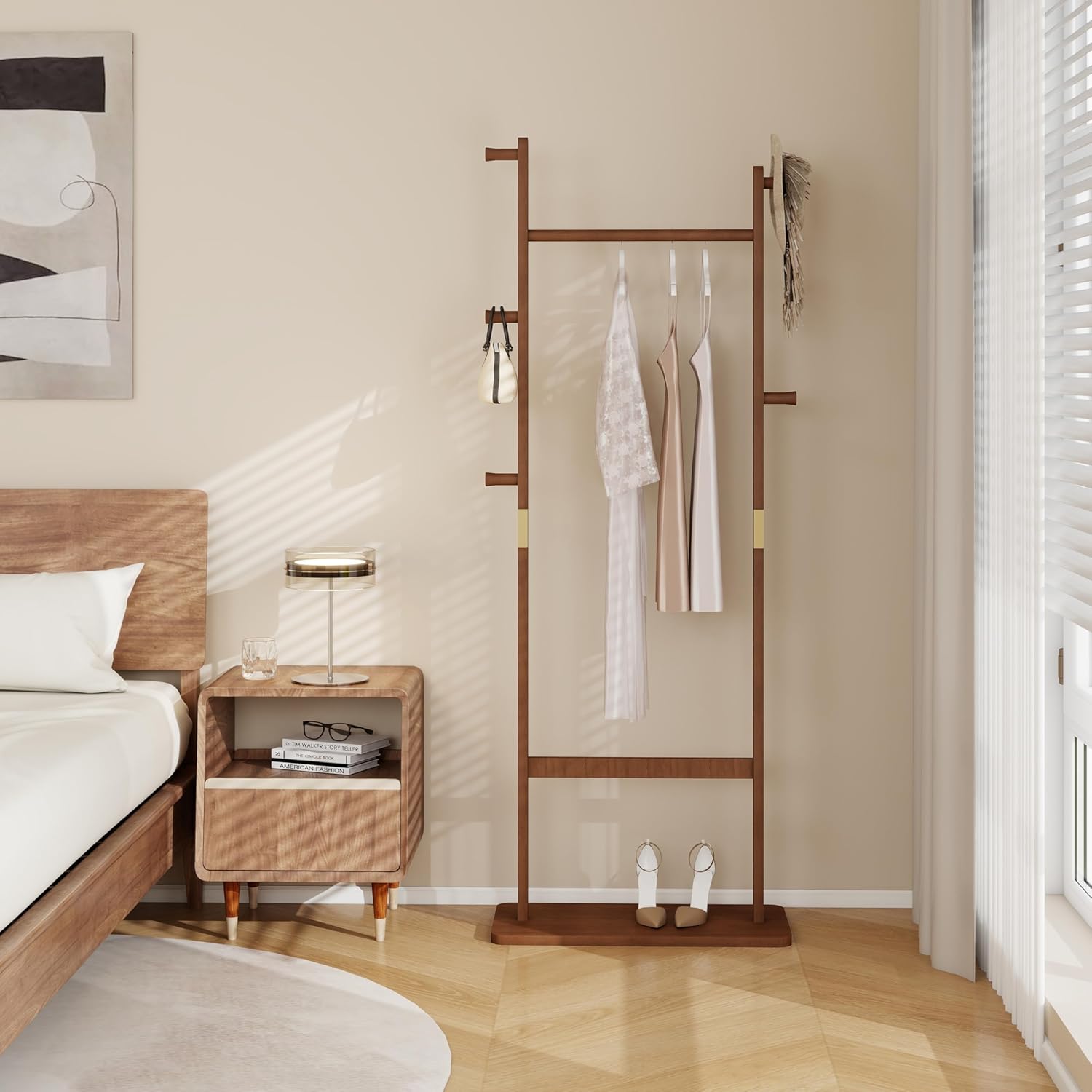 Solid Wood Coat Rack Freestanding, 71" Heavy Duty Clothes Rack with Dual Rods & Hooks, Stable Space Saving Hall Tree Entryway Organizer for Bedroom, Living Room (Walnut)