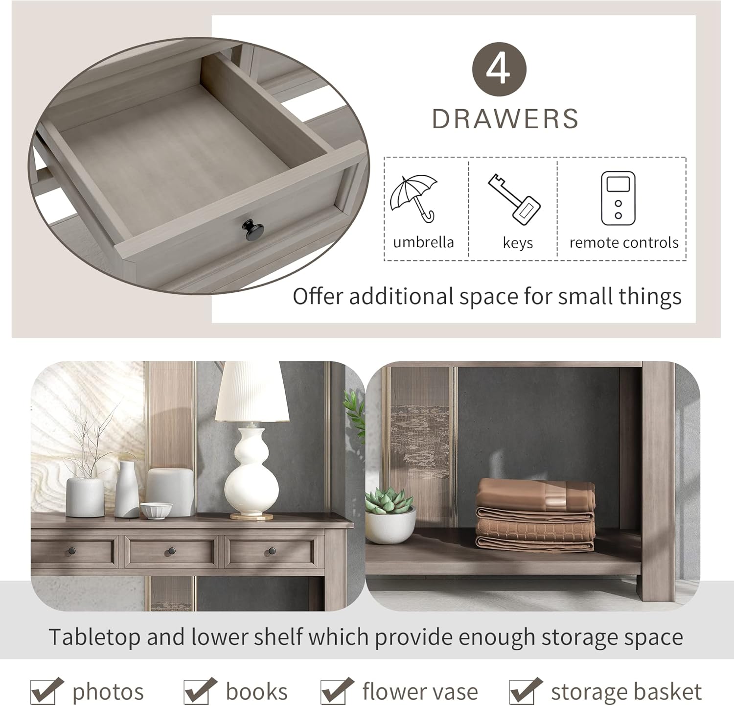 Knocbel Console Table with 4 Storage Drawers and Bottom Shelf, Rustic Distressed Sofa Table for Entryway Hallway Living Room, 63" W x 14" D x 30" H, Gray Wash Color