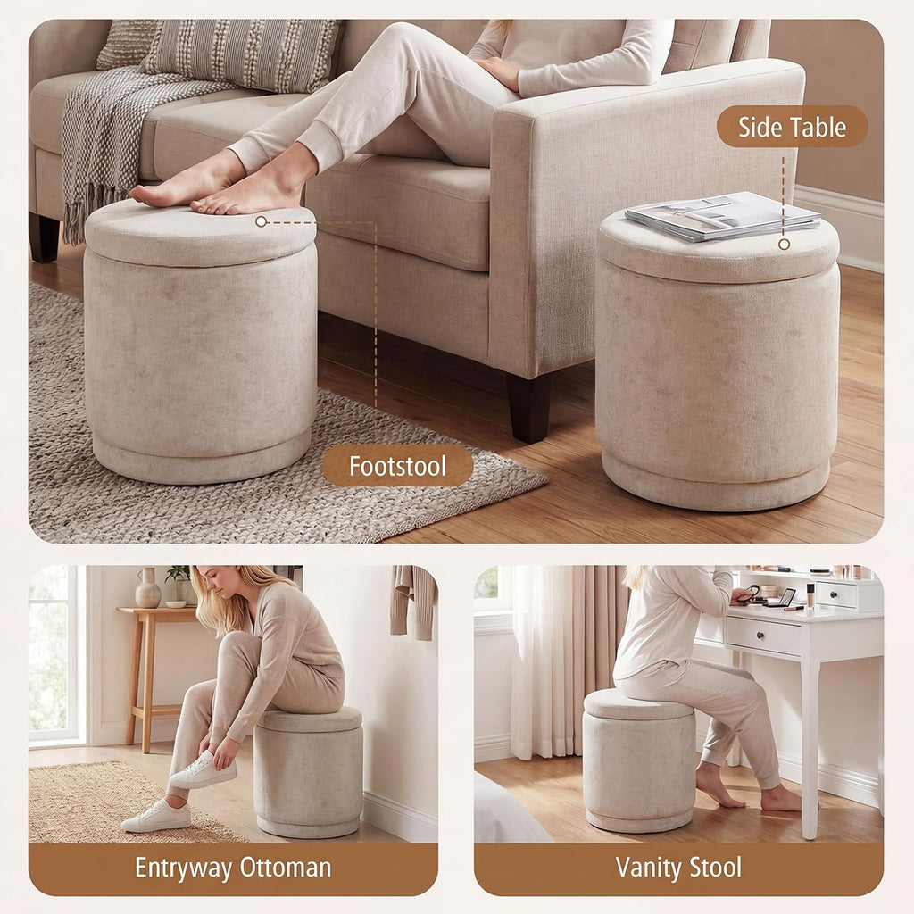 Giantex Round Ottoman with Storage, Chenille Fabric Vanity Stool with Removable Lid, Acacia Wood Frame, Ottoman Foot Rest for Living Room, Bedroom, Makeup Room No Assembly (Beige)