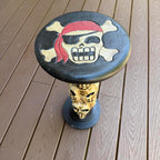Pirate Skull and Crossbones Side Table, Hand-Carved Wood, 21 Inches Tall, 10-Inch Round Top Set of 2
