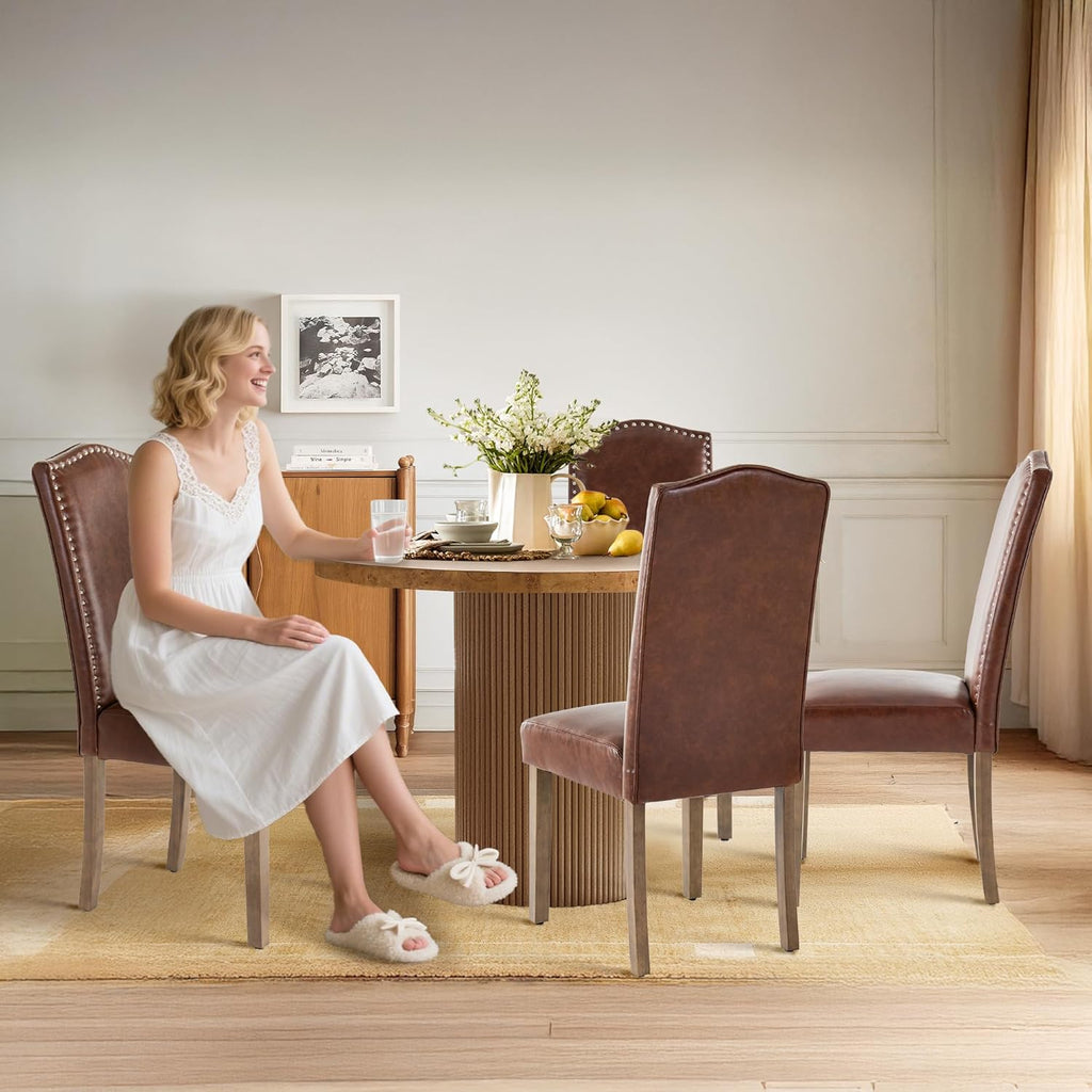 Upholstered Dining Chair Modern Stylish Parsons Kitchen Diner High Back with Silver Nailhead Trim & Wood Legs, Set of 2, PU Leather Dark Brown