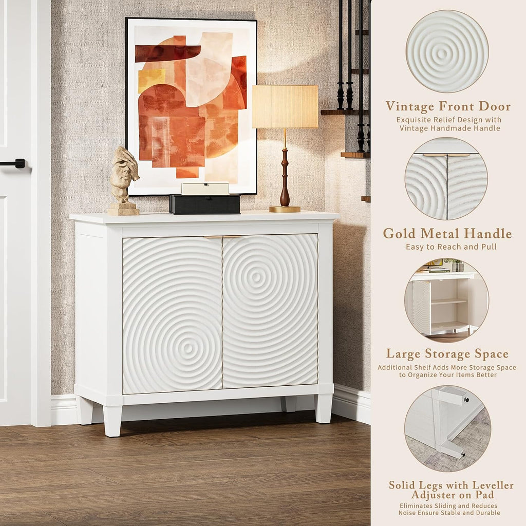 40" Coffee Bar Cabinet with Shelf, Craft Storage Cabinet with Doors, Wood Cabinet, Charming Carved Motif, Entry Way Cabinet with Storage, Sideboard Buffet for Living Room (Annual rings, White)