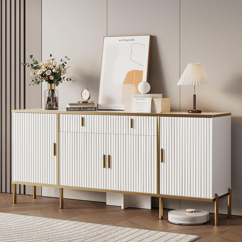 60" Modern Kitchen Buffet Cabinet, Buffets & Sideboard with Storage, Adjustable Shelves, Fluted Doors, Accent Cabinet with Drawers for Kitchen, Living Room, Hallway, White