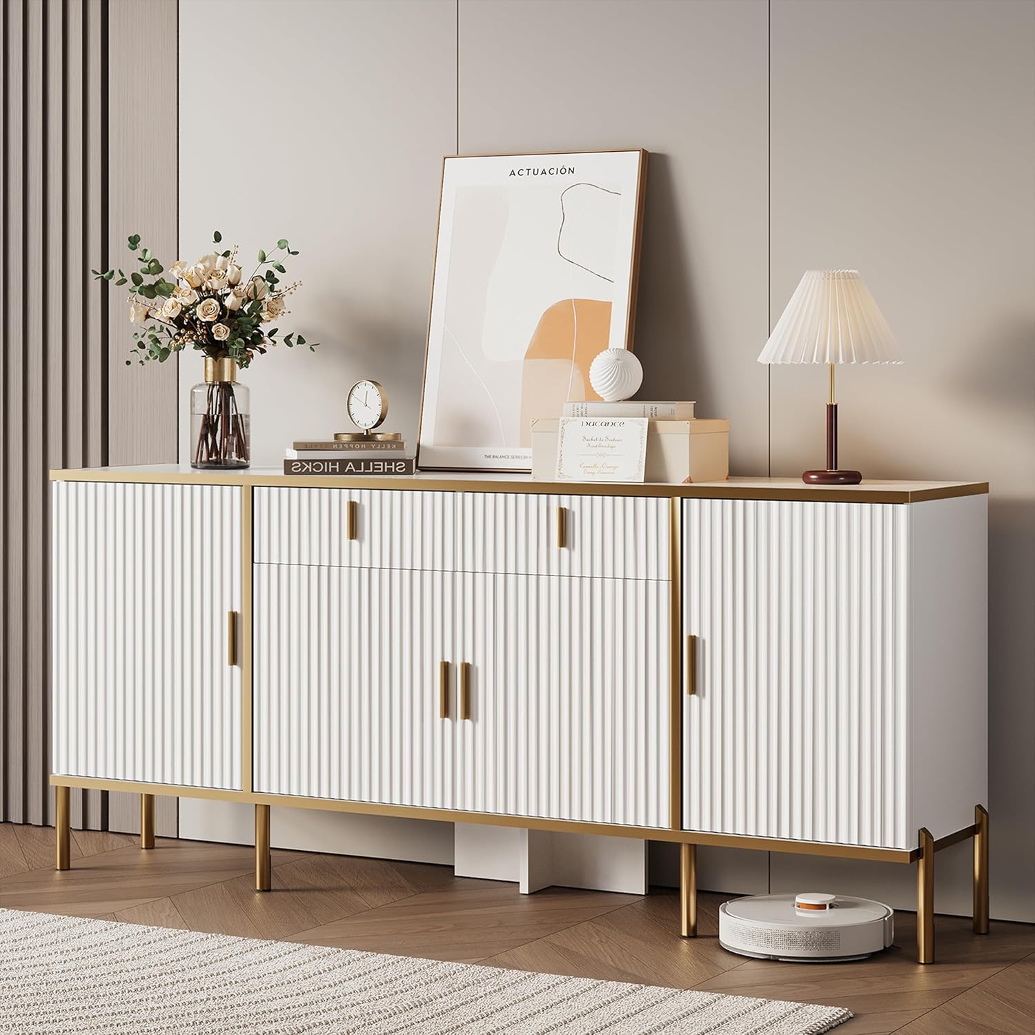 60" Modern Kitchen Buffet Cabinet, Buffets & Sideboard with Storage, Adjustable Shelves, Fluted Doors, Accent Cabinet with Drawers for Kitchen, Living Room, Hallway, White