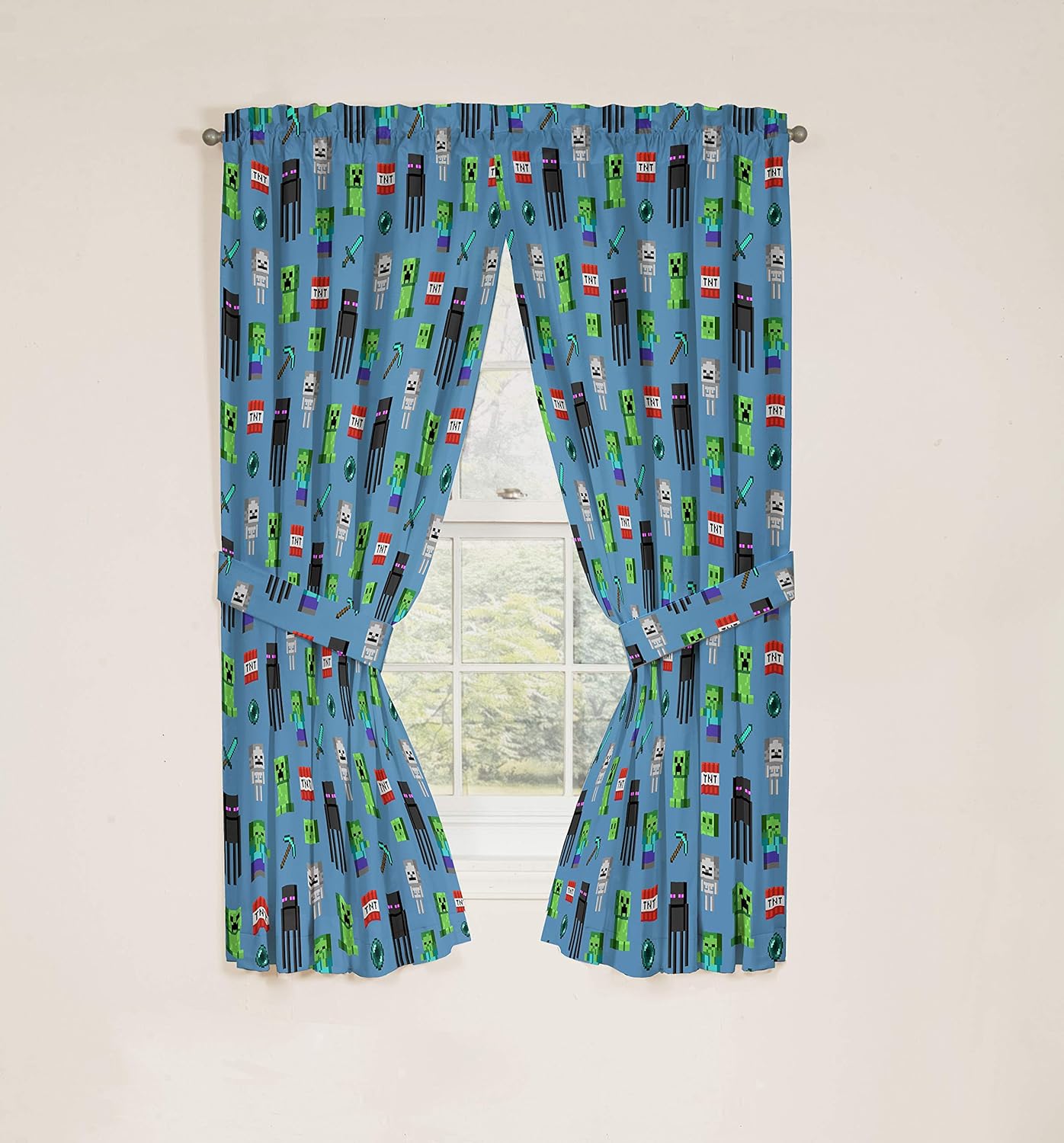 Jay Franco Kids Window Drapes - 4 Piece Curtain Set Includes 2 Tiebacks, Beautiful Bedding Room Décor and Easy Set Up, Blue - Minecraft, 63 Inch