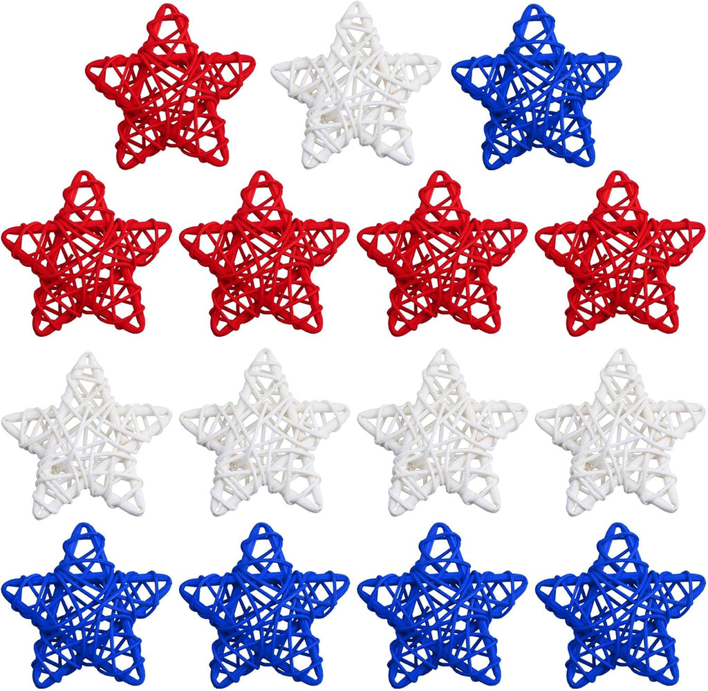 STMK 15 Pcs 4th of July Star Shaped Rattan Balls Decoration, 2.36 Inch Red White and Blue Star Shaped Wicker Balls for 4th of July Home Decor DIY Vase Bowl Filler Ornament Table Decoration