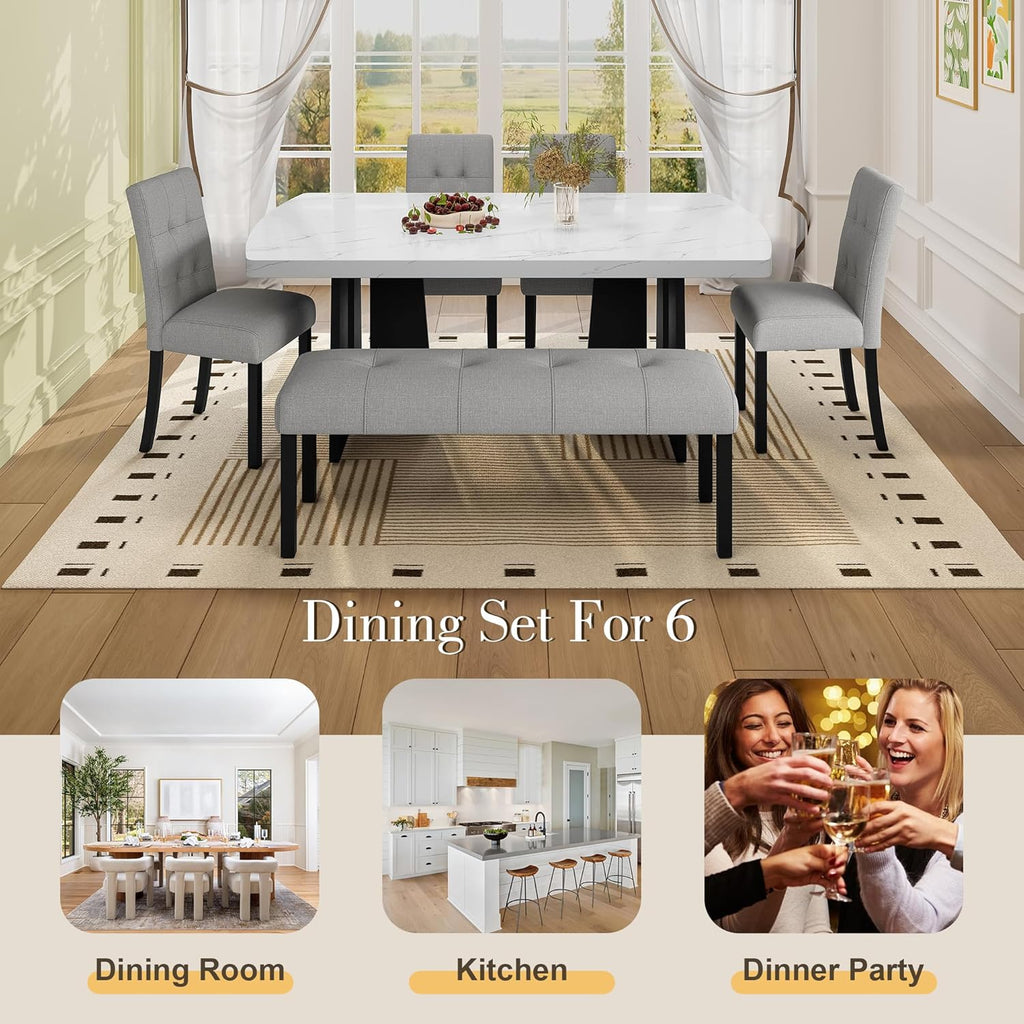 P PURLOVE Modern 6 Piece Dining Table Set, 63" Wood Faux Marble Dining Table with Geometric Legs, 4 Upholstered Chairs, 1 Bench for Dining Kitchen Room (White and Gray)